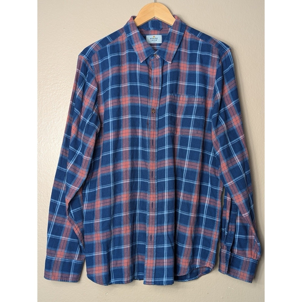 Marine Layer Plaid Flannel‎ Shirt Mens Large Blue Red Cotton